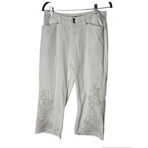 French Cuff Cropped Pants in White with Tan Embroidery Size 10